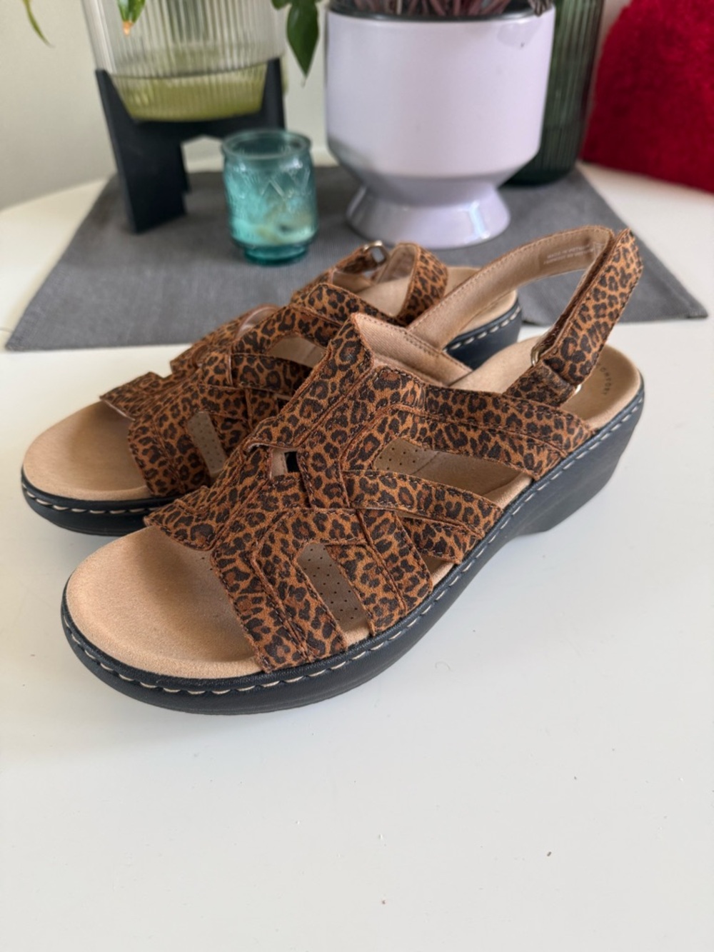 Clarks Leopard Print Slingback Sandals in Brown
